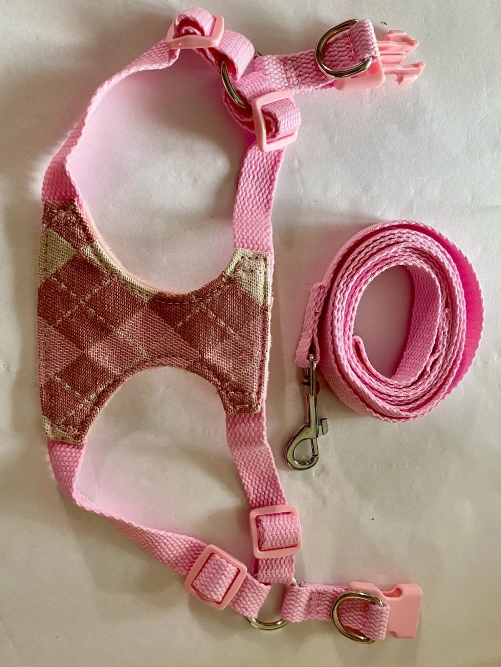 8” Pink Plaid Dog Harness and 60” Leash Set